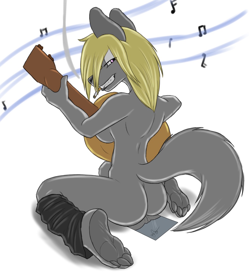 acoustic_guitar big_breasts breasts butt e621 female genitals grin guitar looking_at_viewer mirror musical_instrument musical_note musical_symbol okamy playing_guitar playing_music plucked_string_instrument smile solo string_instrument symbol tail vulva