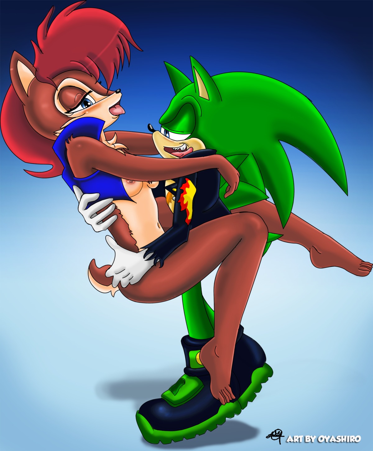 anthro archie_comics barefoot blue_eyes breasts brown_body brown_fur chipmunk clothing duo e621 eulipotyphlan feet female female_penetrated footwear fur genitals gloves green_body ground_squirrel hair handwear hedgehog hi_res jacket leather leather_clothing leather_jacket leather_topwear male male/female male_penetrating male_penetrating_female mammal oyashirothr43 penetration penile penile_penetration penis penis_in_vagina red_hair rodent sally_acorn scar sciurid scourge_the_hedgehog sega sex shoes sonic_the_hedgehog_(archie) sonic_the_hedgehog_(comics) sonic_the_hedgehog_(series) teeth tongue tongue_out topwear vaginal vaginal_penetration white_clothing white_gloves white_handwear