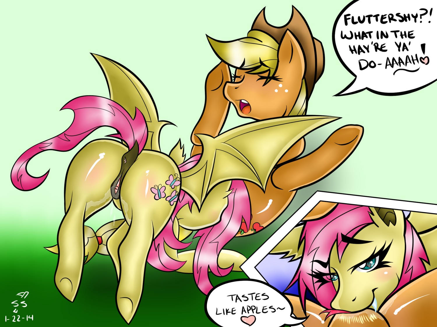 2014 anus applejack_(mlp) ass_up bat_pony blonde_hair blue_eyes blush bodily_fluids butt close-up clothing cowboy_hat cunnilingus cutie_mark dialogue duo e621 earth_pony english_text equid equine eyes_closed fangs female female/female feral feral_on_feral flutterbat_(mlp) fluttershy_(mlp) forked_tongue freckles friendship_is_magic fur genital_fluids genitals gradient_background hair hasbro hat headgear headwear hi_res hooves horse hybrid legs_up long_hair lying mammal membrane_(anatomy) membranous_wings messy my_little_pony nude on_back open_mouth oral orange_body orange_fur pink_hair pony sex simple_background smile spread_legs spreading sunnyslash teeth text tongue tongue_out underhoof vaginal vaginal_fluids vulva wings yellow_body yellow_fur