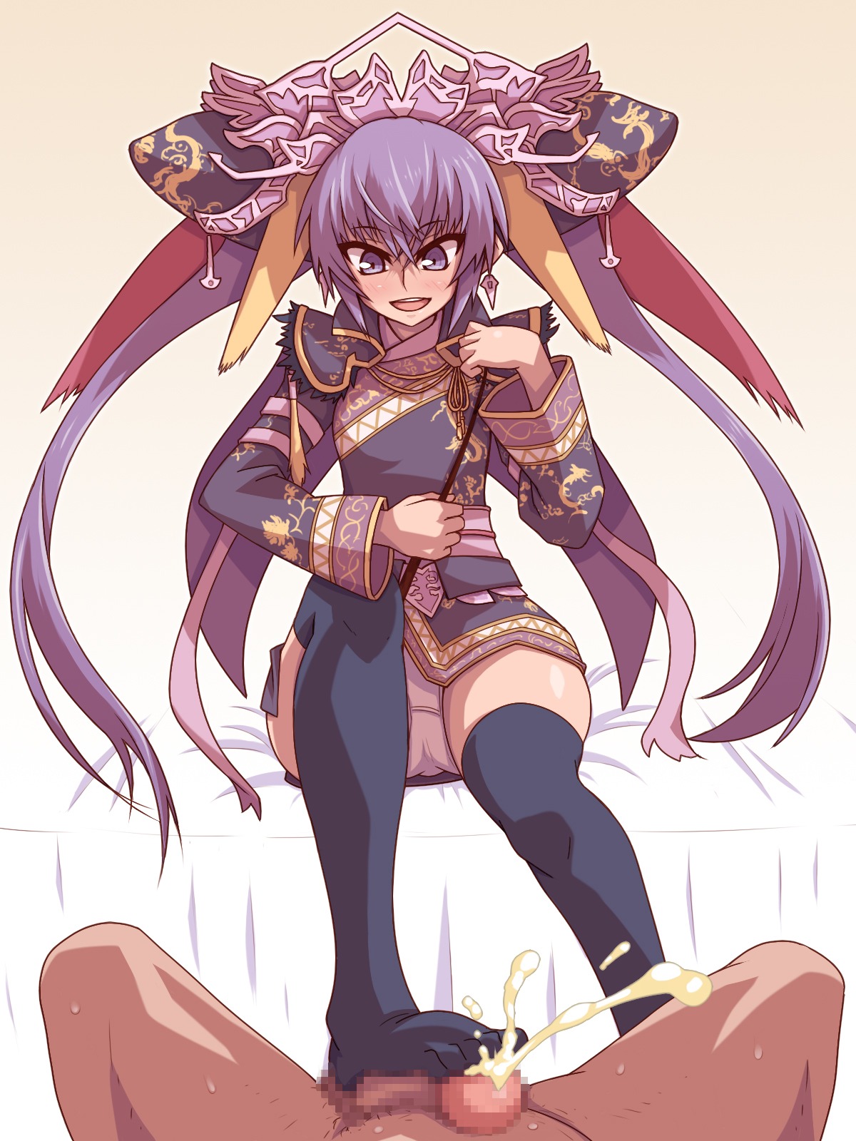 blonde_hair censored crown cum feet female footjob highres japanese_clothes jewelry long_hair multicolored_hair panties purple_eyes purple_hair purple_legwear red_hair rule34 sangokushi_taisen smile thighhighs tied_hair touhaku twintails underwear