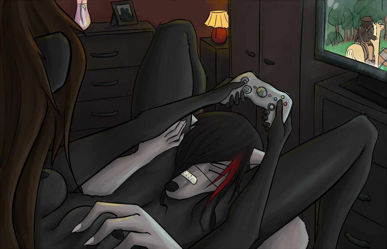 2013 ambiguous_gender anthro bent_arm bent_legs breasts brown_hair canid canine canis controller cunnilingus detailed_background domestic_dog dominant dominant_female duo e621 extended_arm felid female fur game_controller game_screen gaming grey_body grey_fur hair head_in_crotch heart_symbol holding_controller holding_game_controller holding_object inside licking lion long_hair mammal microsoft nails nipples nude oral pandora_(punkpandora) pantherine playing_video_game reavy red_dead_(series) rockstar_games sex sex_while_gaming shinneko simple_background tongue tongue_out vaginal wolf xbox xbox_360 xbox_360_controller xbox_controller xbox_game_studios