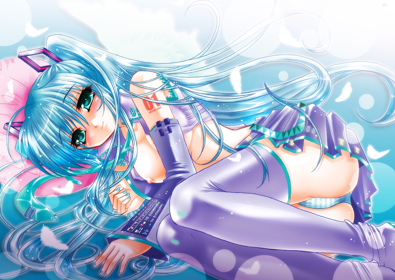 1girl aoiuraraka aqua_eyes aqua_hair blush boots breasts detached_sleeves feathers female hatsune_miku large_breasts long_hair lying medium_breasts necktie nipples on_side open_clothes open_shirt panties pillow rule34 shirt skirt smile solo striped striped_panties thigh_boots thighhighs tied_hair twintails underwear very_long_hair vocaloid zettai_ryouiki