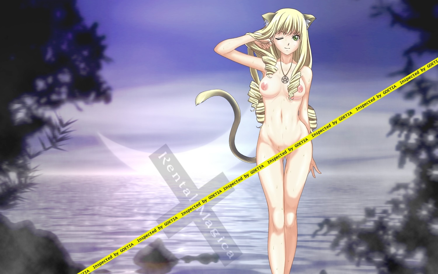 16:10 animal_ears blonde_hair breasts cat_ears censored drill_hair female green_eyes highres jewelry long_hair nude pendant rental_magica rule34 tail wallpaper wink