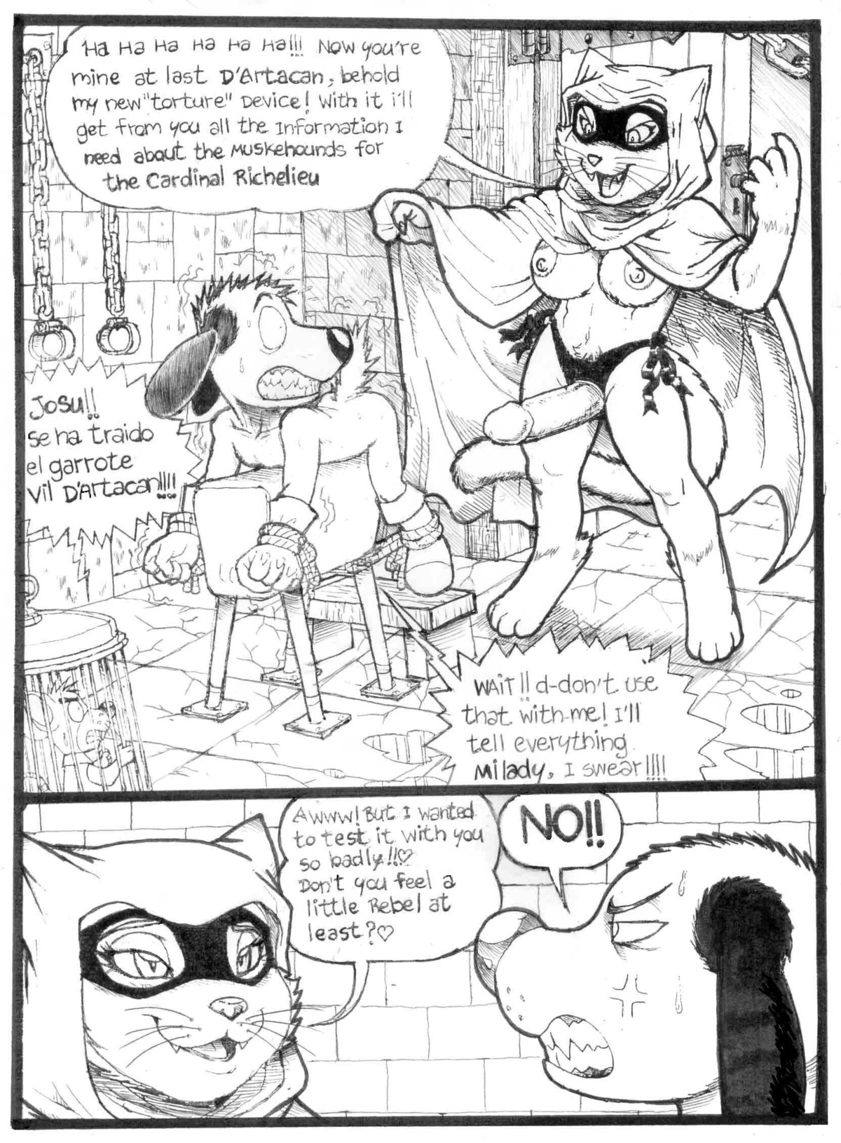 anthro bdsm black_and_white bondage bound breasts cage canid canine canis chain cloak clothing comic cuff_(restraint) dildo dogtanian dogtanian_and_the_three_muskehounds domestic_cat domestic_dog dominant dominant_female dungeon duo duo_focus e621 english_text exclamation_point felid feline felis female fuck_bench group handcuffs heart_symbol hi_res humor interrogation joke male mammal mariano mask metal_cuffs milady_(muskehounds) monochrome mouse murid murine nipples nippon_animation open_mouth open_smile parody pip_(muskehounds) rape_face restraints rodent rope sex_toy shackles smile strapon tail text tongue torture
