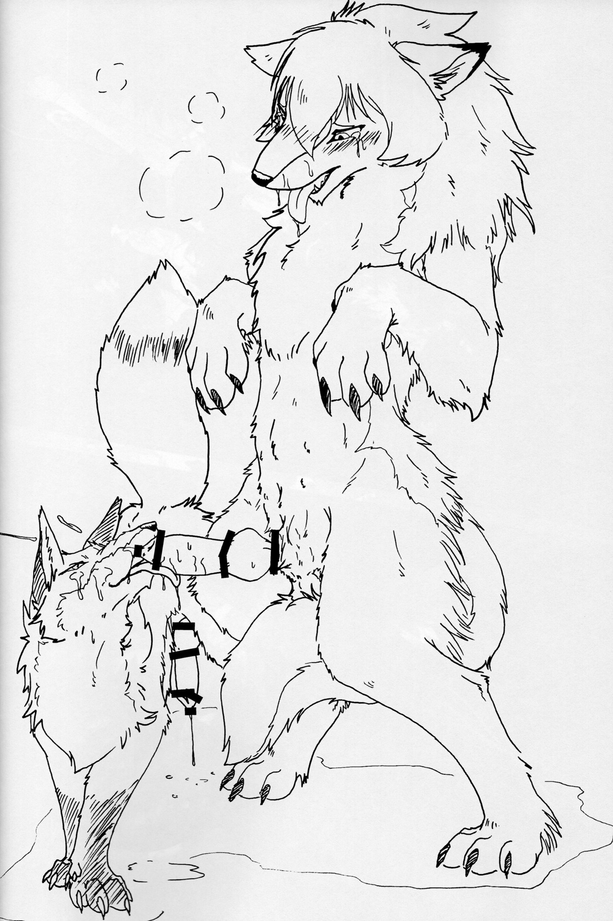absurd_res anthro balls bodily_fluids canid canine canis cum domestic_dog dripping duo e621 erection genital_fluids genitals hi_res knot ktq15-2 licking male mammal monochrome penis standing tongue tongue_out unknown_artist