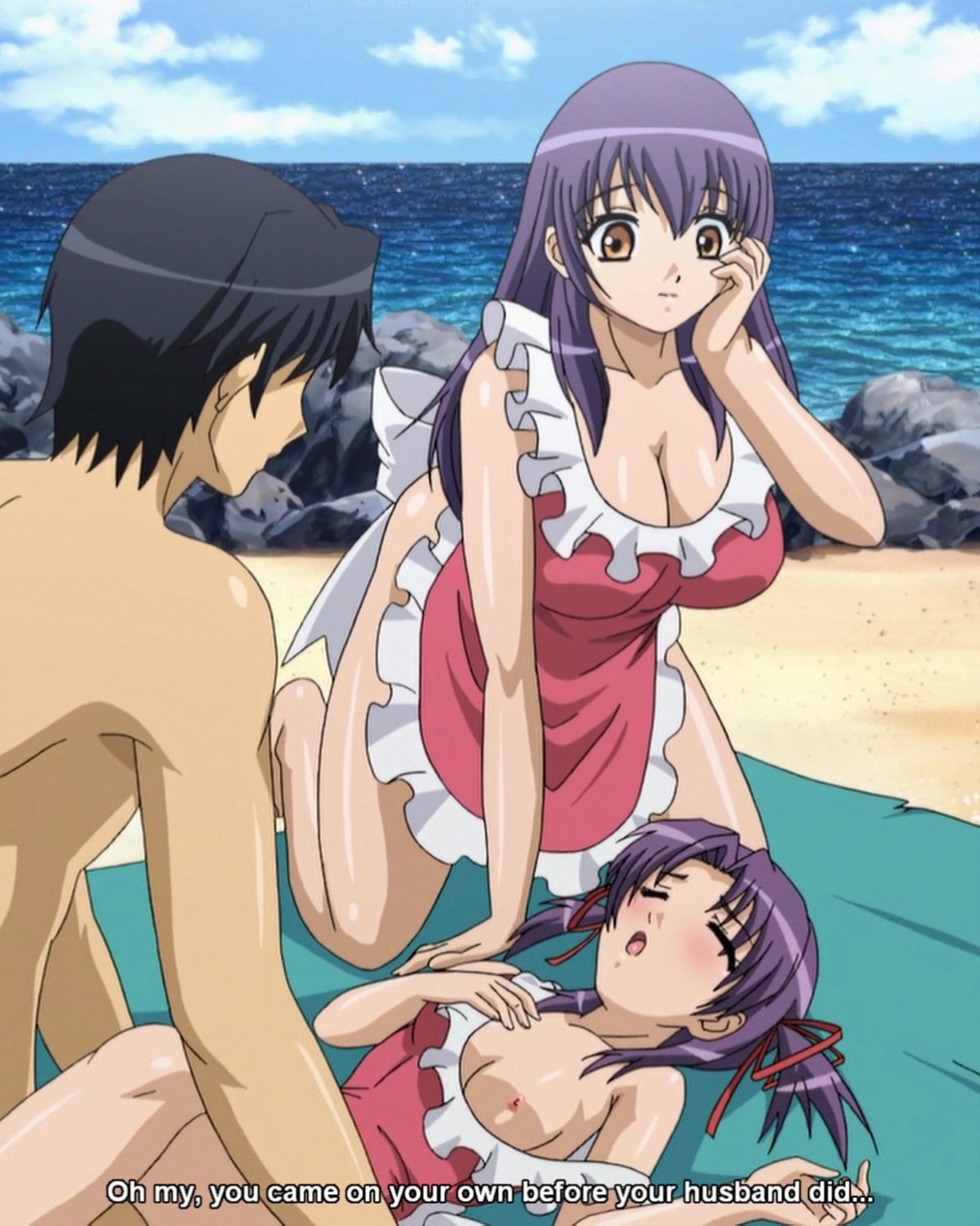 15_bishoujo_hyouryuuki 1boy apron beach blush breasts cleavage closed_eyes daughter female huge_breasts male mother mother_and_daughter open_mouth purple_hair rule34 subtitled twintails yellow_eyes