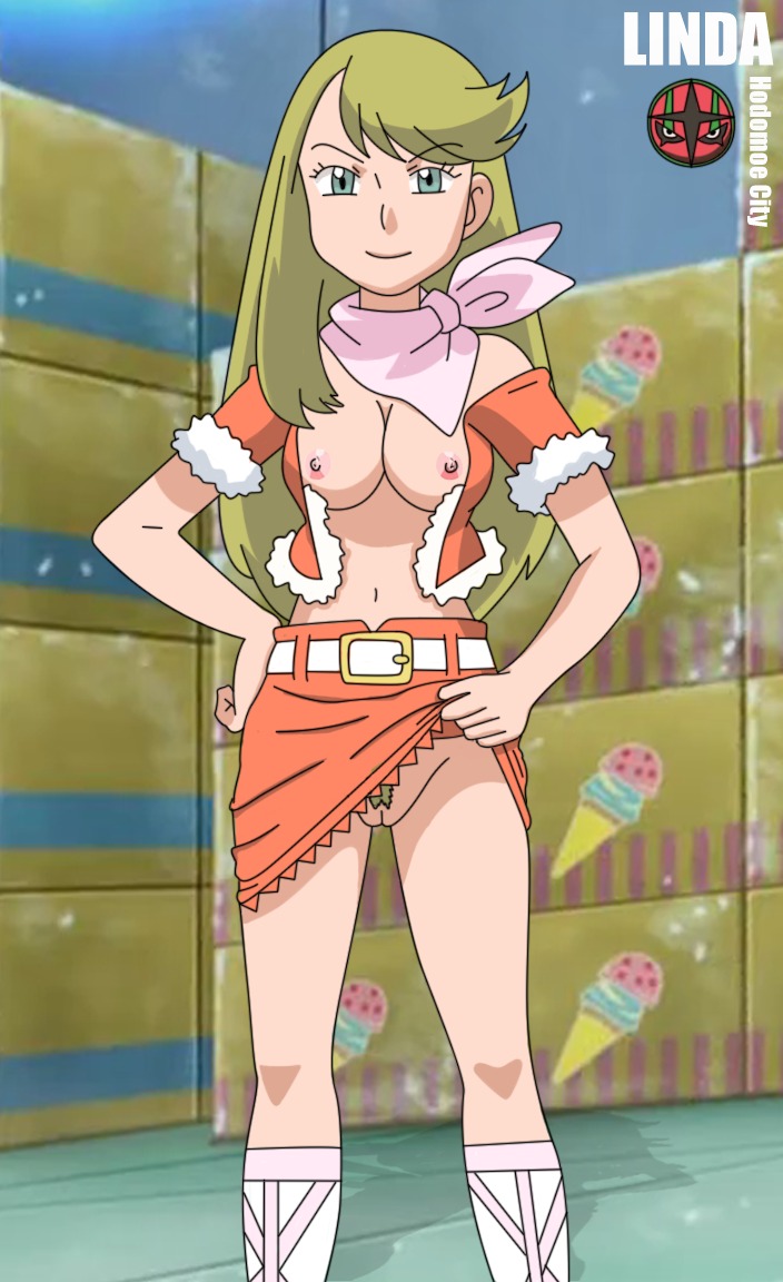 1girls breasts character_of_the_day exposed_breasts exposed_pussy exposure female functionally_nude legs linda_(pokemon) no_underwear pokemon pokemon_(anime) pussy rule34 sakaki_(artist) skirt_lift smile