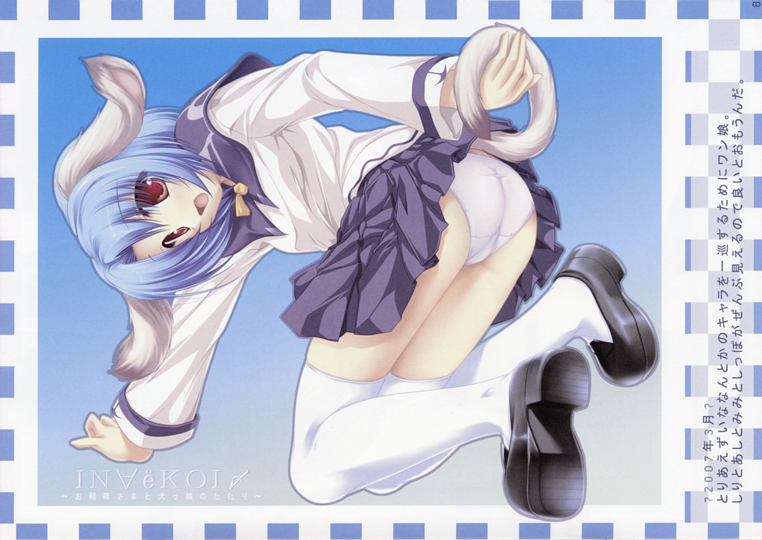 animal_ears ass bent_over blue_hair dog_ears female haruhi_sarasa highres inakoi panties pantyshot red_eyes rule34 school_uniform short_hair skirt solo tail tenmaso thighhighs underwear white_legwear white_panties