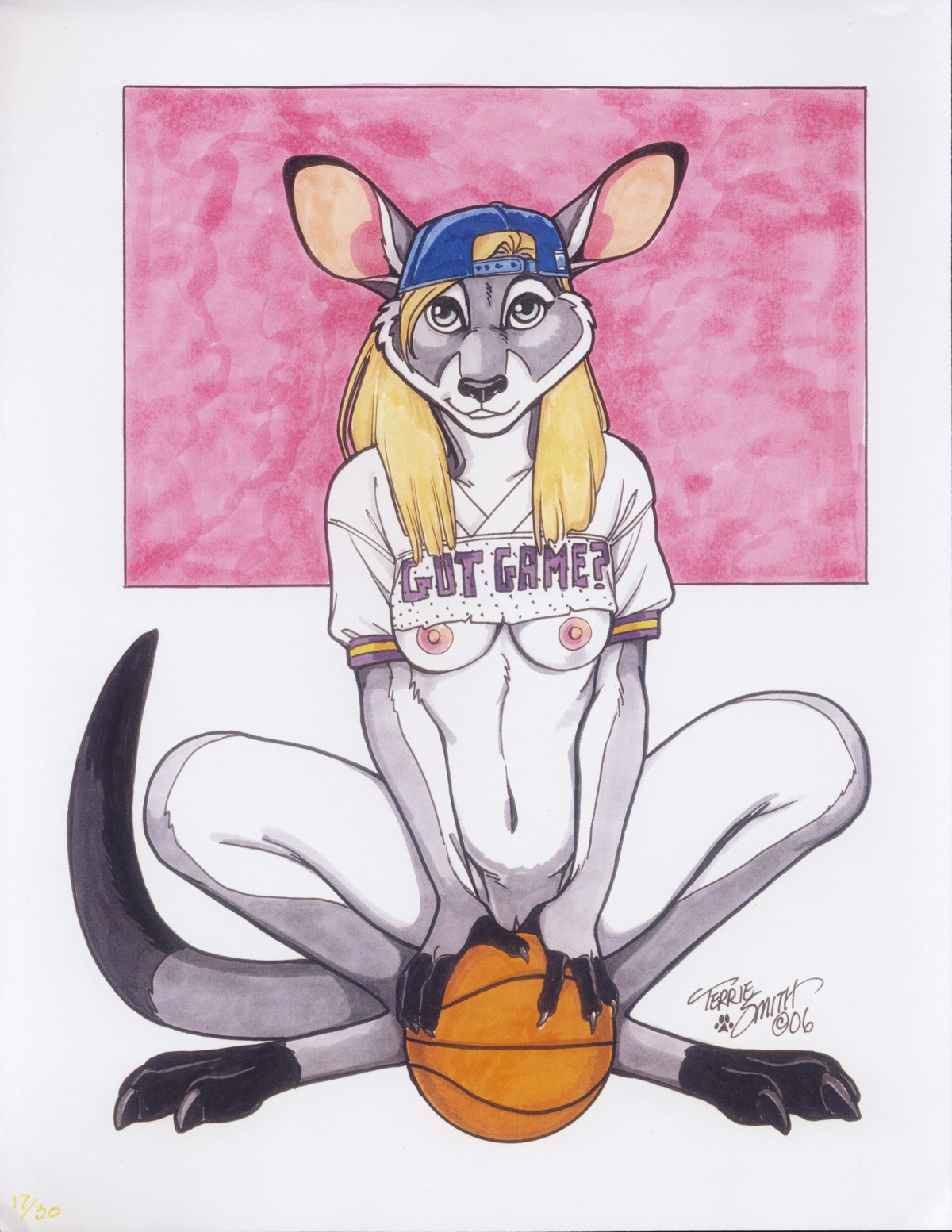 2006 abstract_background absurd_res anthro backwards_baseball_cap backwards_hat ball baseball_cap basketball_(ball) biped bottomless breasts clothed clothing e621 female genitals hat headgear headwear hi_res kangaroo looking_at_viewer macropod mammal marsupial nipples pinup pose signature simple_background sitting solo spread_legs spreading tail terrie_smith traditional_media_(artwork) vulva