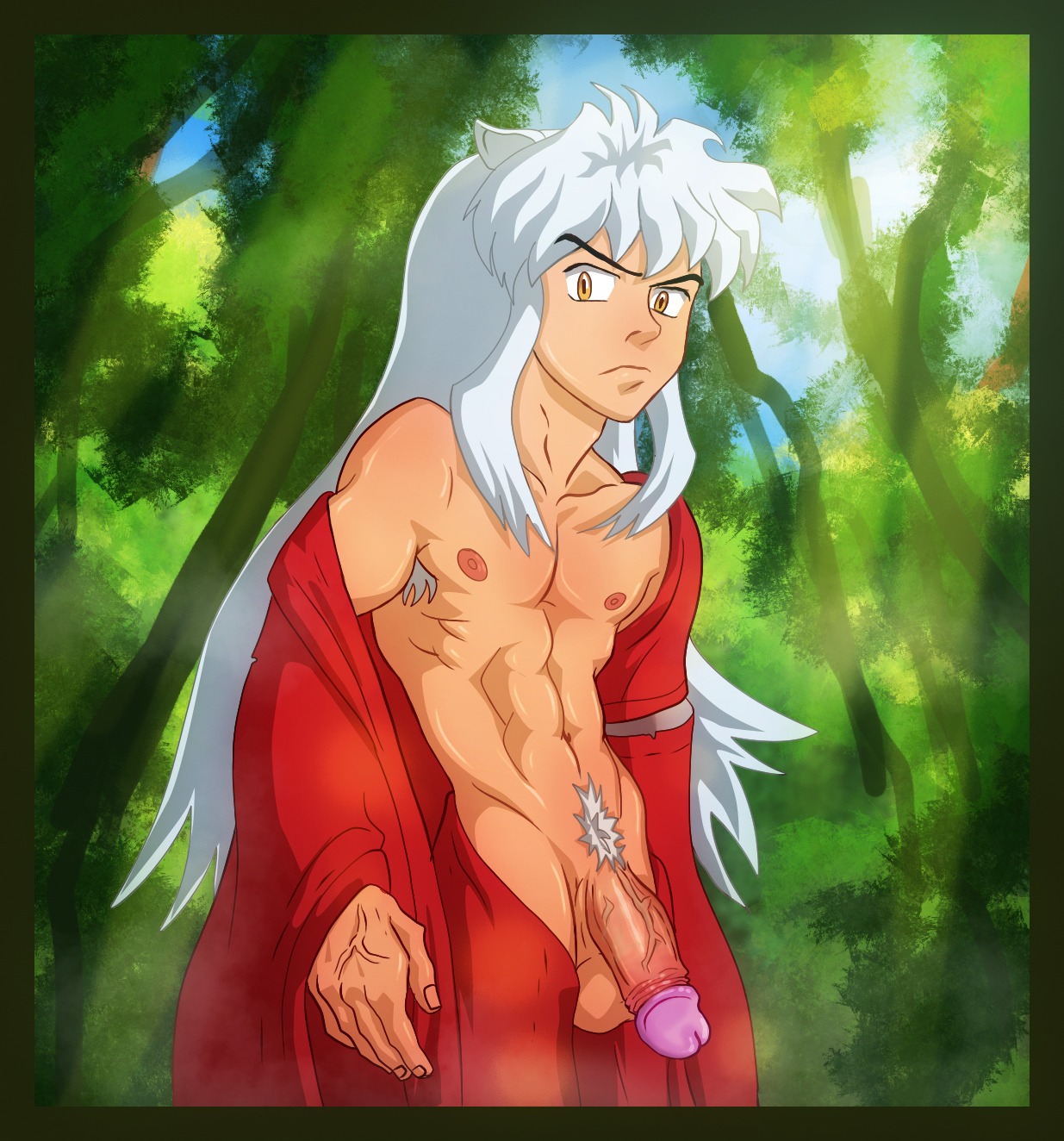1boy animal_ears anma foreskin fully_retracted_foreskin inuyasha inuyasha_(character) male male_only penis retracted_foreskin rule34 solo uncensored uncircumcised yaoi