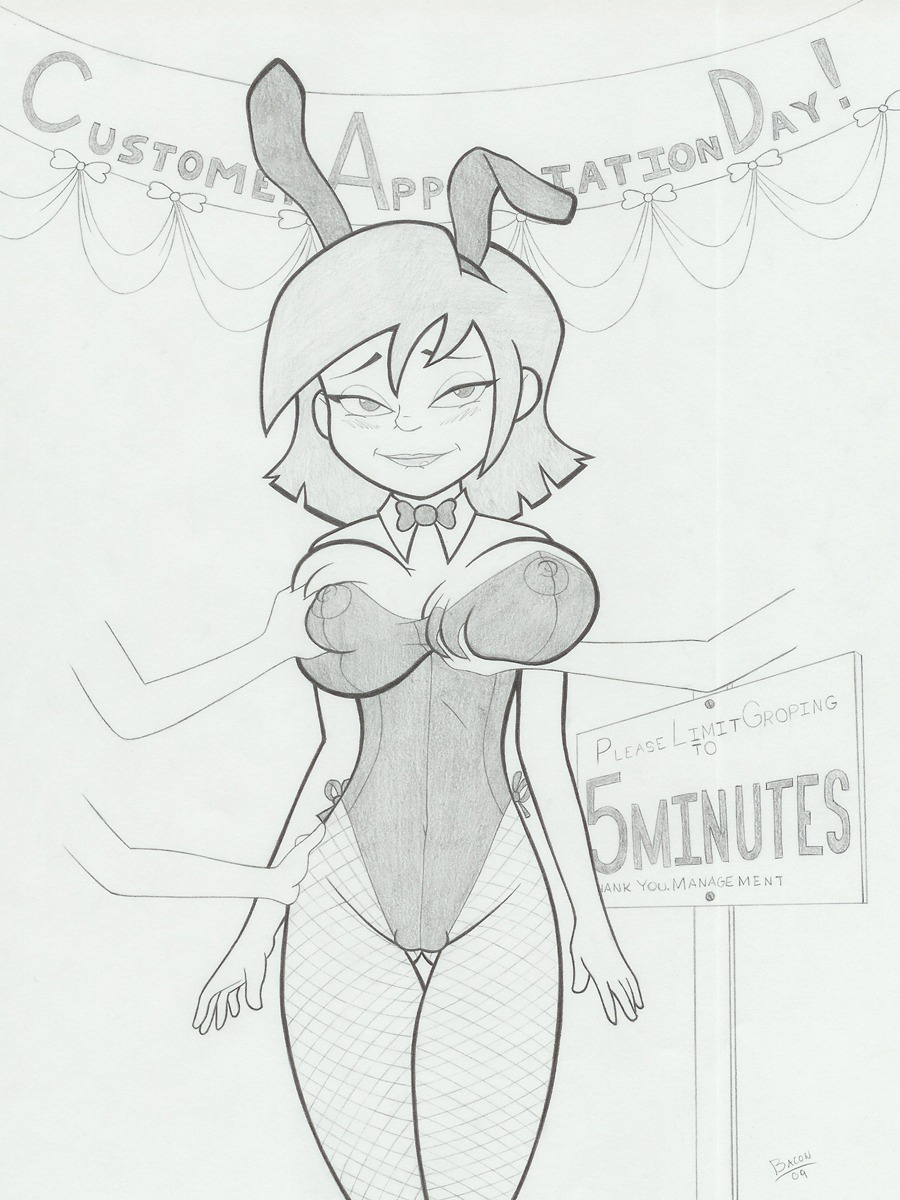 2009 blush breasts bunny_ear bunny_suit catsprin disembodied_hands erect_nipples erin_esurance esurance female fishnets mascot monochrome nipples roger_bacon rule34 white_background
