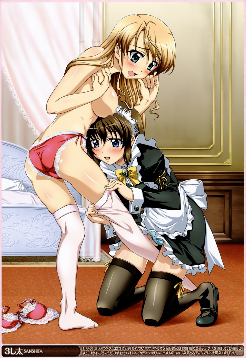 bed bedroom blonde_hair blue_eyes blush bra breasts brown_hair dressing female female_only green_eyes lace-trimmed_bra lace-trimmed_panties large_breasts lingerie long_hair maid maid_headdress multiple_females multiple_girls panties rule34 thighhighs topless underwear