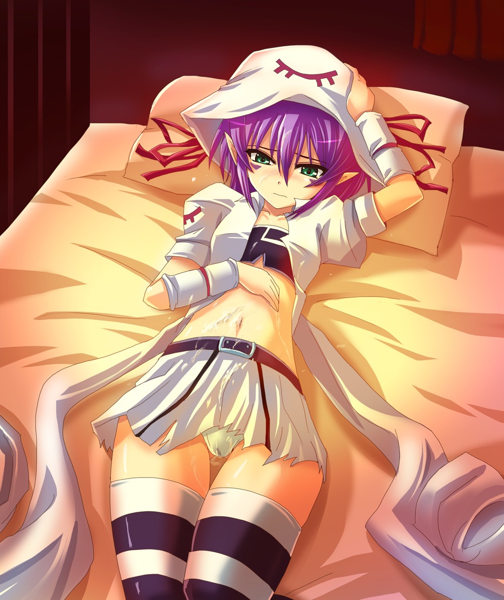 blush cum cum_on_body cum_on_upper_body facial_mark female green_eyes hat haura_akitoshi lying merry_nightmare midriff navel on_back panties pillow pointy_ears purple_hair ribbon rule34 skirt solo striped striped_legwear thigh_gap thighhighs torn_clothes underwear yumekui_merry