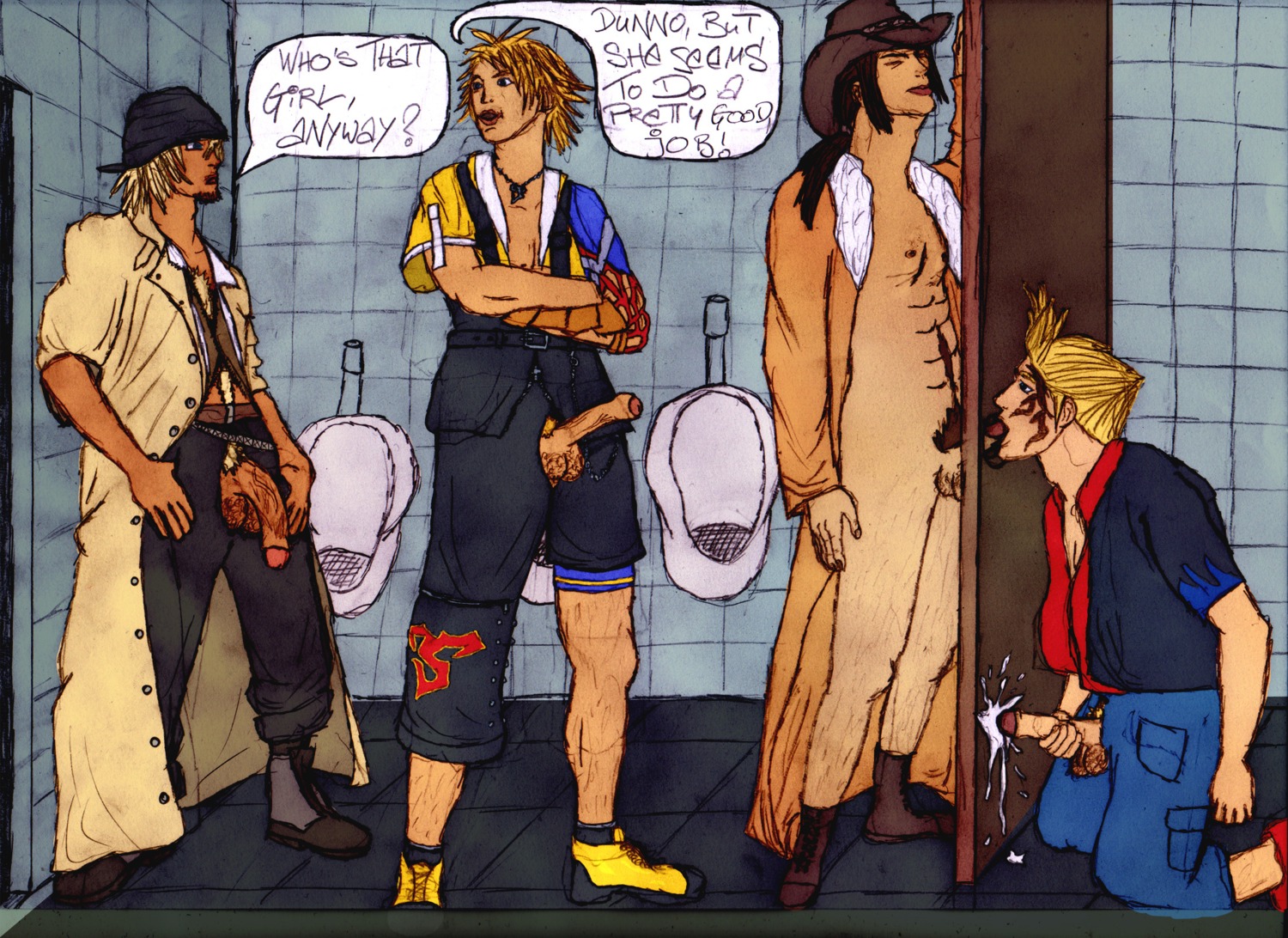 4boys artist_request balls bathroom bathroom_stall black_hair blonde_hair blue_eyes both_sides chest_hair closed_eyes coat_only cowboy_hat crossed_arms cum_on_wall cumshot erection facial_hair fellatio final_fantasy final_fantasy_viii final_fantasy_x final_fantasy_xiii flaccid foreskin glory_hole goatee hairy_balls holding_penis human irvine_kinneas laced_boots lineup long_coat male male_only multiple_males multiple_penises necklace open_clothes oral_sex pants_open partially_retracted_foreskin pendant penis penis_out penis_size_difference retracted_foreskin rule34 shorts showing_both_sides snow_villiers socks_and_shoes tidus tile_floor tile_wall uncircumcised urinal veiny_penis yaoi zell_dincht