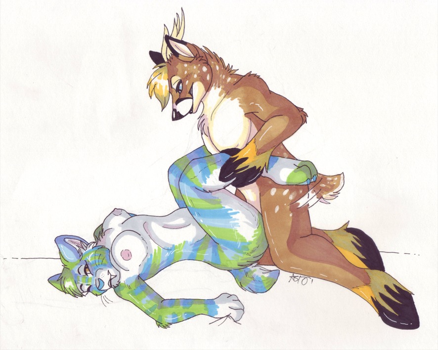 anthro anthro_on_anthro antlers breasts celestialwolfen deer domestic_cat duo e621 fangs felid feline felis female female_penetrated from_front_position hooves horn lying male male/female male_penetrating male_penetrating_female mammal missionary_position nipples on_back penetration penile penile_penetration penis_in_vagina plantigrade sex teeth vaginal vaginal_penetration