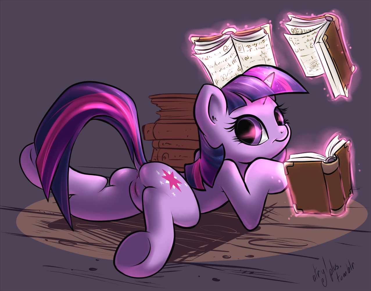 2012 anus atryl book butt cutie_mark digital_media_(artwork) e621 equid equine female feral friendship_is_magic fur genitals hair hasbro horn levitation looking_at_viewer looking_back magic magic_user mammal multicolored_hair my_little_pony mythological_creature mythological_equine mythology purple_body purple_eyes purple_fur purple_hair reading solo tail twilight_sparkle_(mlp) two_tone_hair unicorn vulva