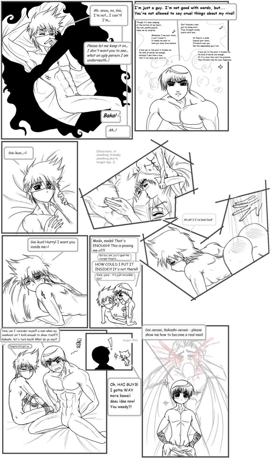 cola-kun comic gay hatake_kakashi kakashi_hatake male male_only might_guy monochrome naruto naruto_(series) rock_lee rule34 tagme yaoi