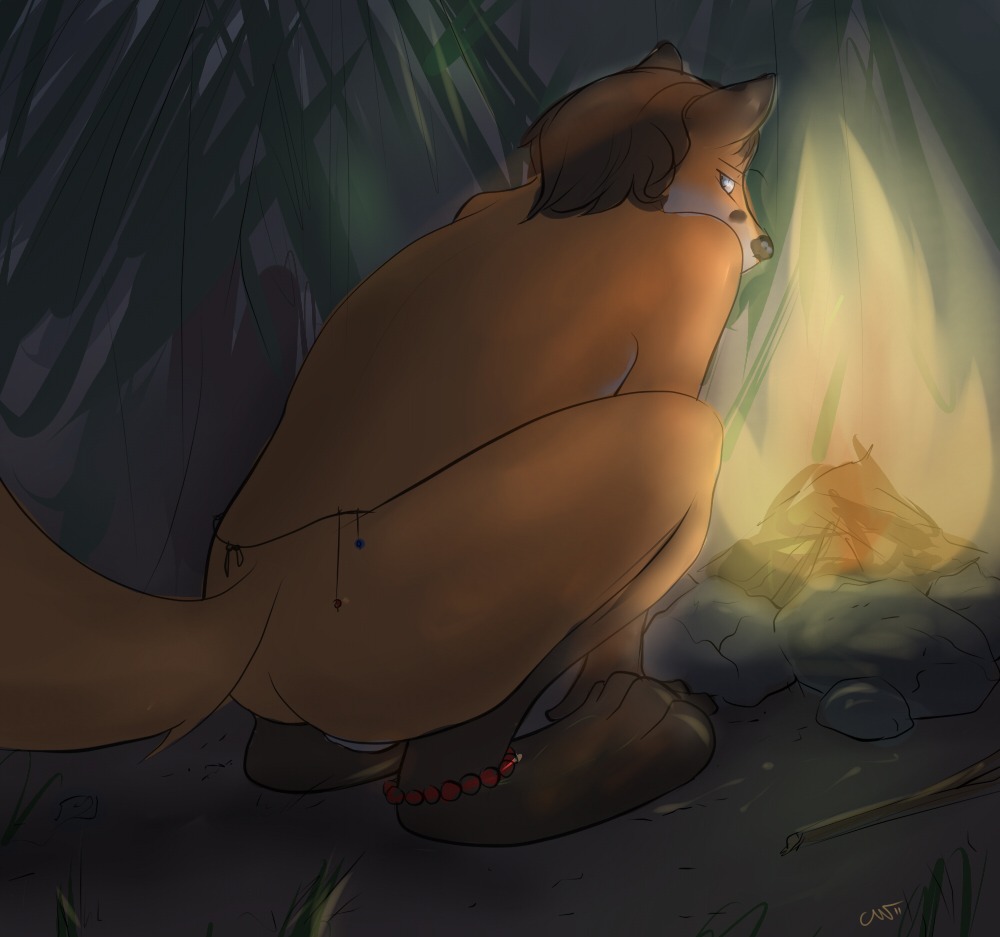 2011 anthro backsack balls butt canid canine catwolf crouching e621 fire fox genitals looking_at_viewer male mammal nude solo tail