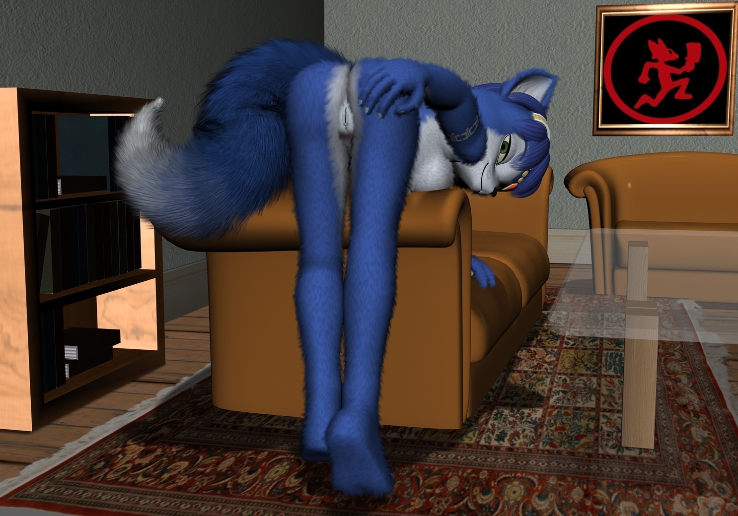 3d anthro ass back_view barefoot bent_over bindi black_nose blue_fur blue_hair breasts claws color couch cyraks female female_only fox fur furniture furry furry_ass furry_breasts furry_ears furry_tail green_eyes hair hand_on_ass indoors jewelry krystal looking_back nude open_eyes pointy_ears pussy rule34 short_hair solo star_fox tail vulva white_fur