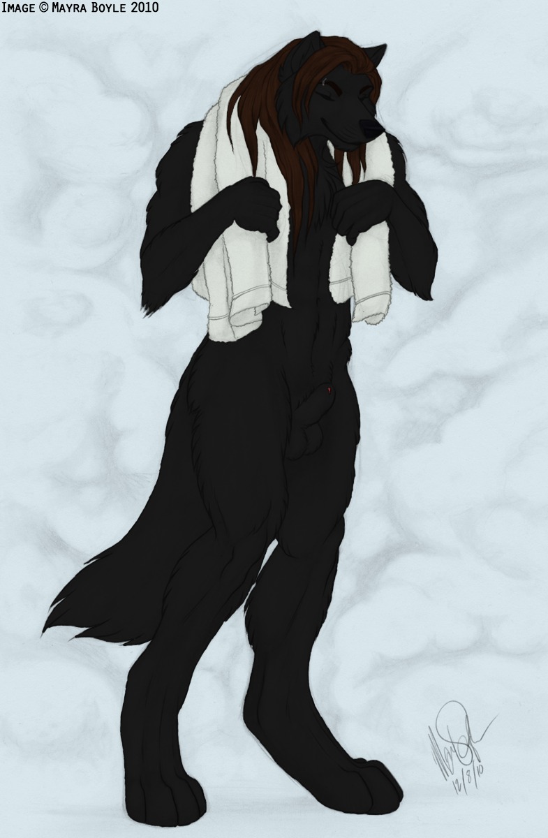 abs animal_genitalia anthro artist_collaboration athletic balls biceps biped black_balls black_body black_fur black_nose black_sheath brown_hair canid canine canis chest_tuft detached_sheath e621 eyes_closed fur genitals grin hair hi_res male mammal mayra_boyle muscular muscular_anthro nude pecs penis penis_tip pose presenting sheath smile solo standing steam towel towel_around_neck tuft wolf yamato_iouko yamatoiouko