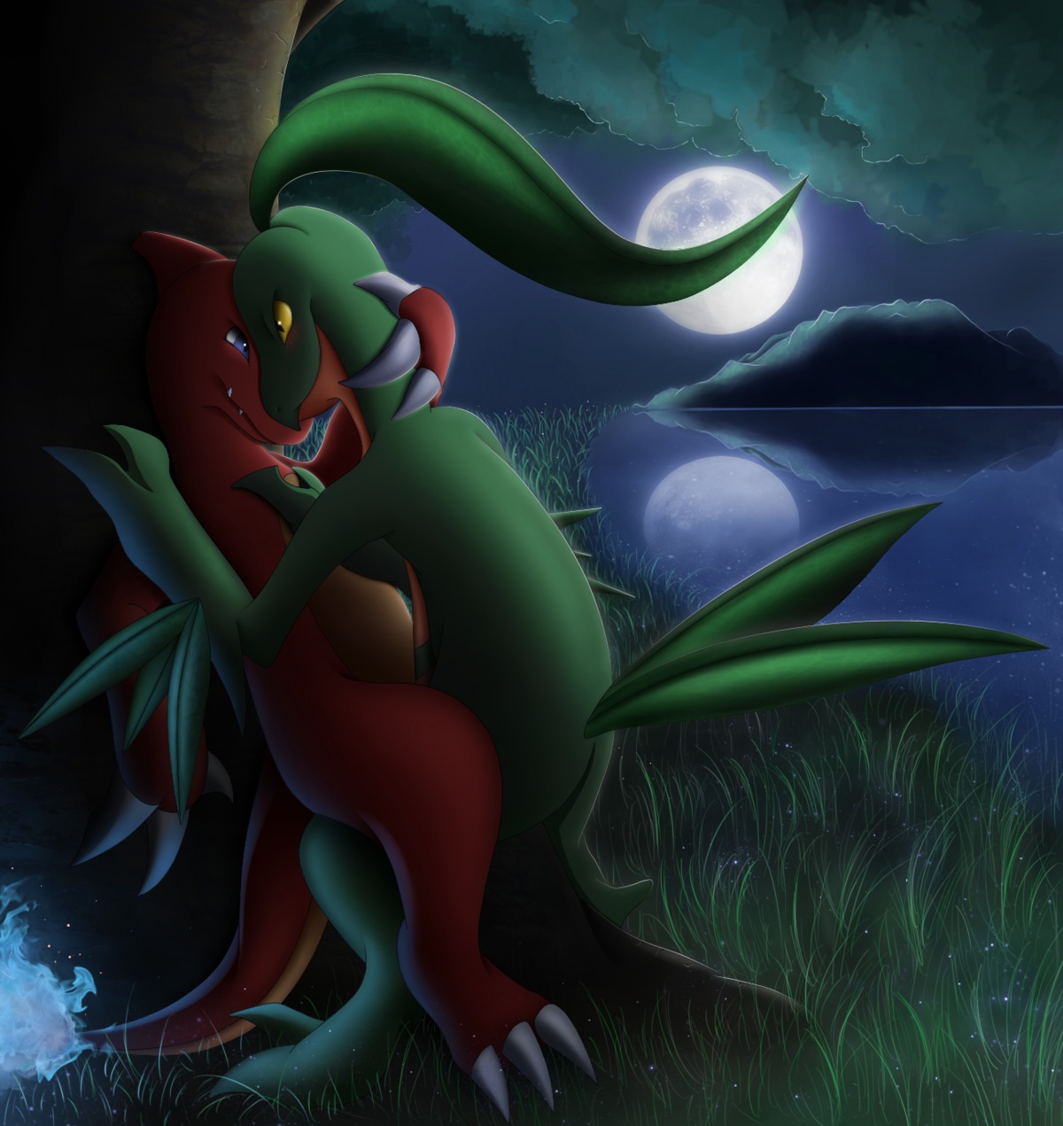 against_natural_surface against_surface against_tree ambiguous_gender blue_eyes blush charmeleon claws duo e621 eye_contact fire flaming_tail full_moon generation_1_pokemon generation_3_pokemon grass green_body grovyle hi_res interspecies lake looking_at_another meraence moon nature night nintendo orange_body orange_skin outside plant pokemon pokemon_(species) romantic romantic_ambiance romantic_couple sky tail tree yellow_eyes