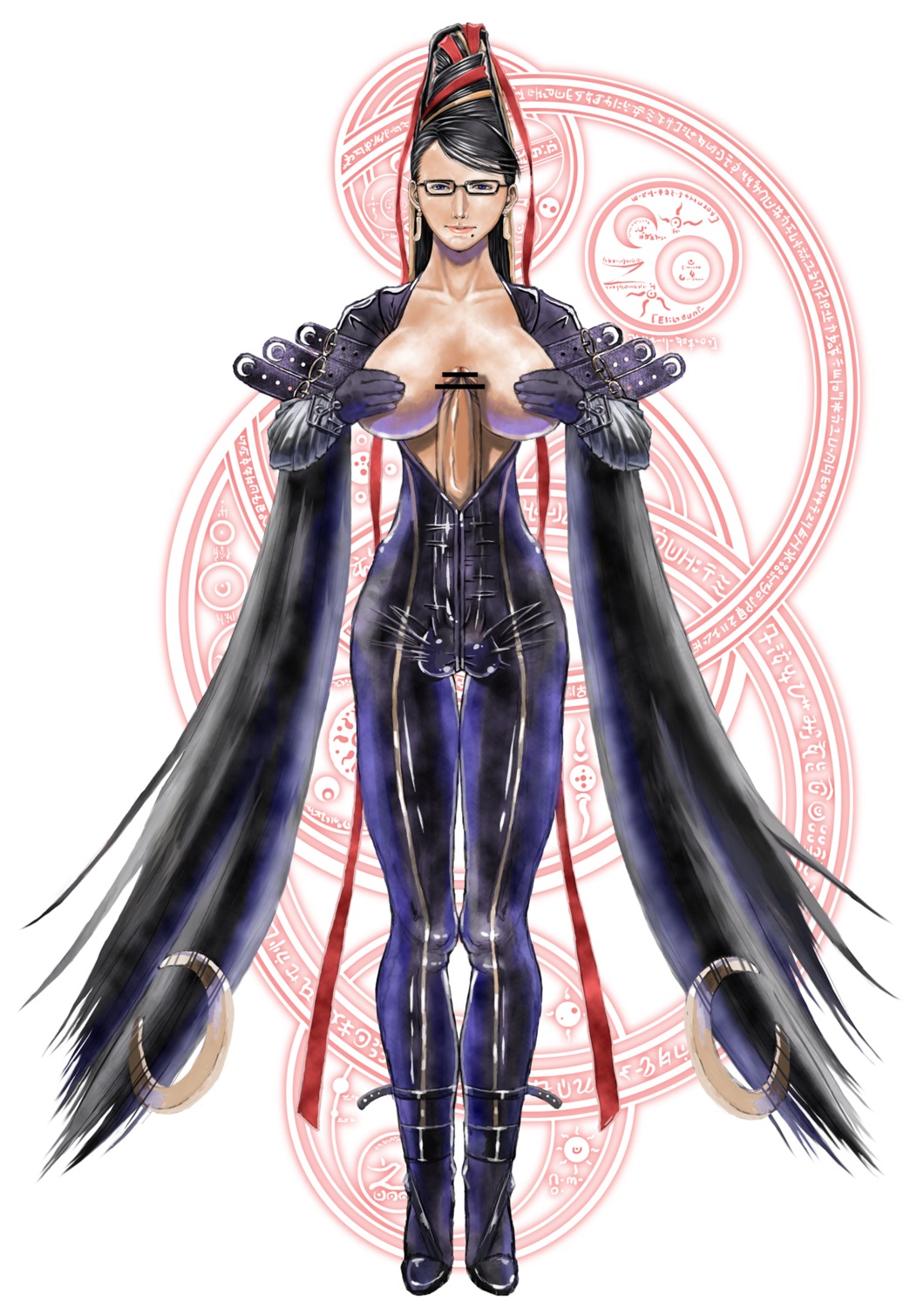1futa balls bayonetta bayonetta_(character) belt black_hair blue_eyes breasts bulge busty cameltail censored crescent_moon earrings erection erection_under_clothes futa_only futanari glasses highres intersex jewelry latex long_hair paizuri penis rule34 sega solo testicles voluptuous witch