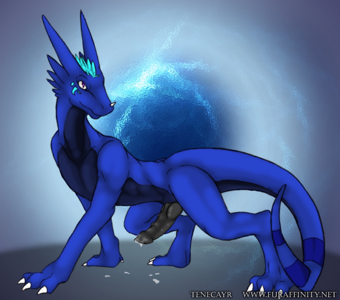 black_penis bodily_fluids digitigrade dragon e621 electricity erection european_mythology feral genital_fluids genitals knot lightning male mythological_creature mythological_scalie mythology nude penis precum scalie solo tail tenecayr tenecayr_(artist) western_dragon