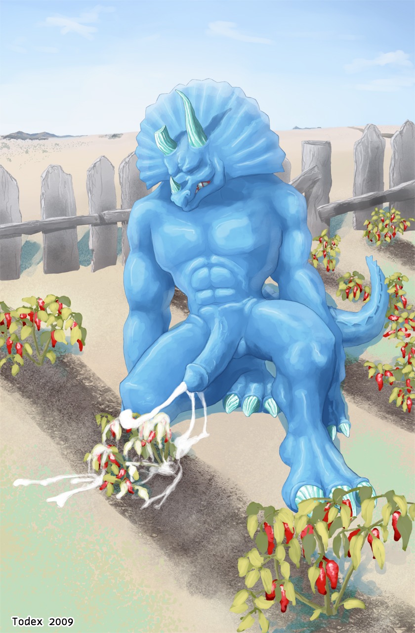 2009 abs anthro balls biped blue_body blue_skin bodily_fluids ceratopsian ceratopsid chasmosaurine claws cum cumshot dinosaur e621 ejaculation erection extreme_dinosaurs eyes_closed fangs genital_fluids genitals hands-free hi_res horn humanoid_genitalia humanoid_penis kneeling male marginocephalian messy muscular muscular_anthro muscular_male nude orgasm ornithischian penis plant prehistoric_species reptile scalie solo spike_(extreme_dinosaurs) spiked_tail spikes spikes_(anatomy) tail teeth todex toe_claws triceratops