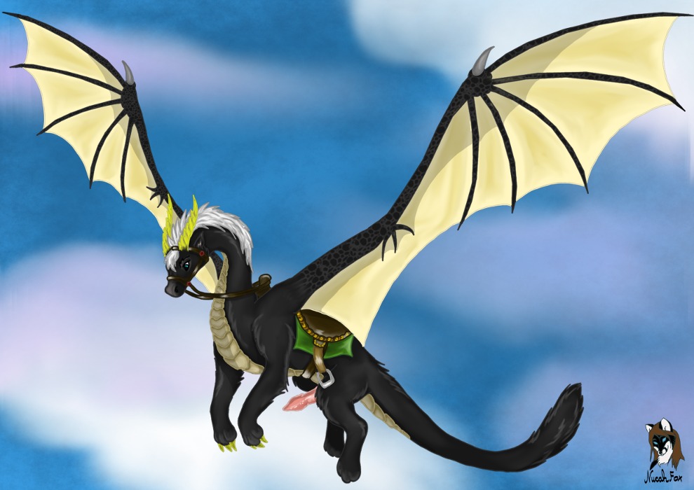 black_body black_fur claws cloud dragon e621 erection feral flying fur furred_dragon furred_scalie genitals male membrane_(anatomy) membranous_wings mythological_creature mythological_scalie mythology nucahfox outside paws penis scalie sky skyscape solo tail wings