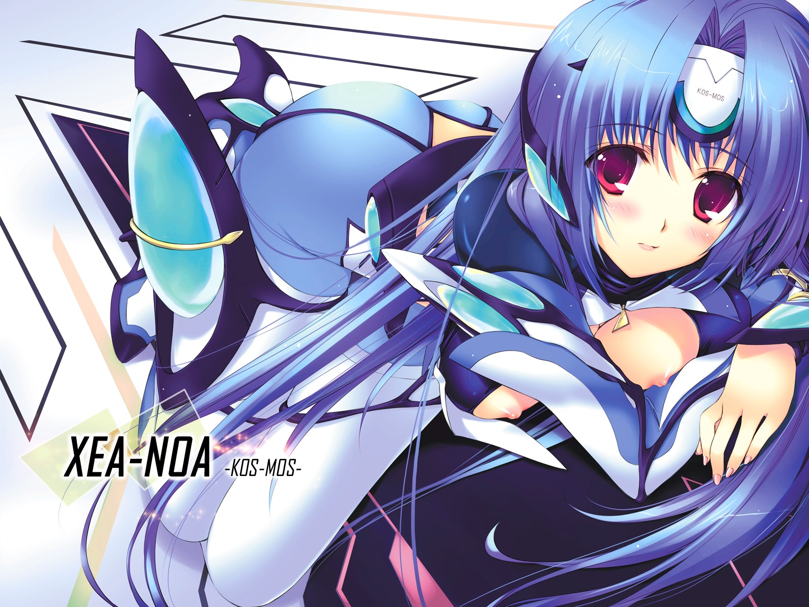 ass blue_hair blush breasts female highres iizuki_tasuku kos-mos long_hair open_clothes open_shirt rule34 shirt wallpaper xea-noa xenosaga