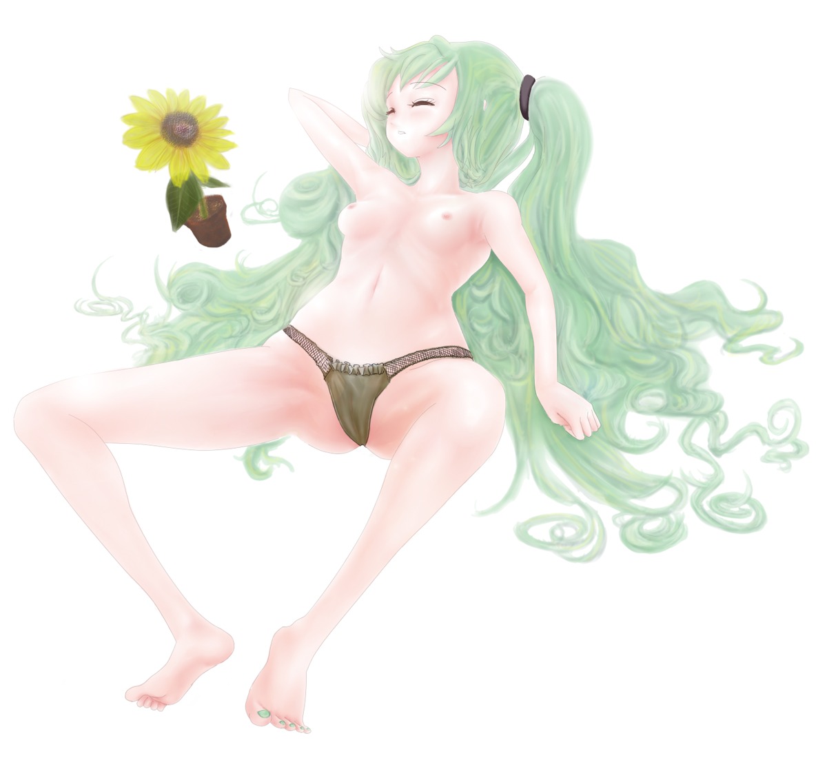1girl breasts closed_eyes female flower green_hair hatsune_miku long_hair navel nipples panties rule34 simple_background small_breasts solo tagme twintails underwear very_long_hair vocaloid white_background