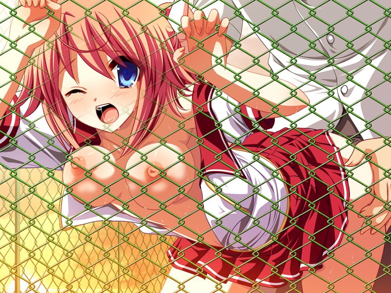 against_fence blue_eyes blush breasts covering doggy_style female large_breasts miniskirt nipples open_clothes open_mouth open_shirt rule34 school_uniform sex shirt wince wink