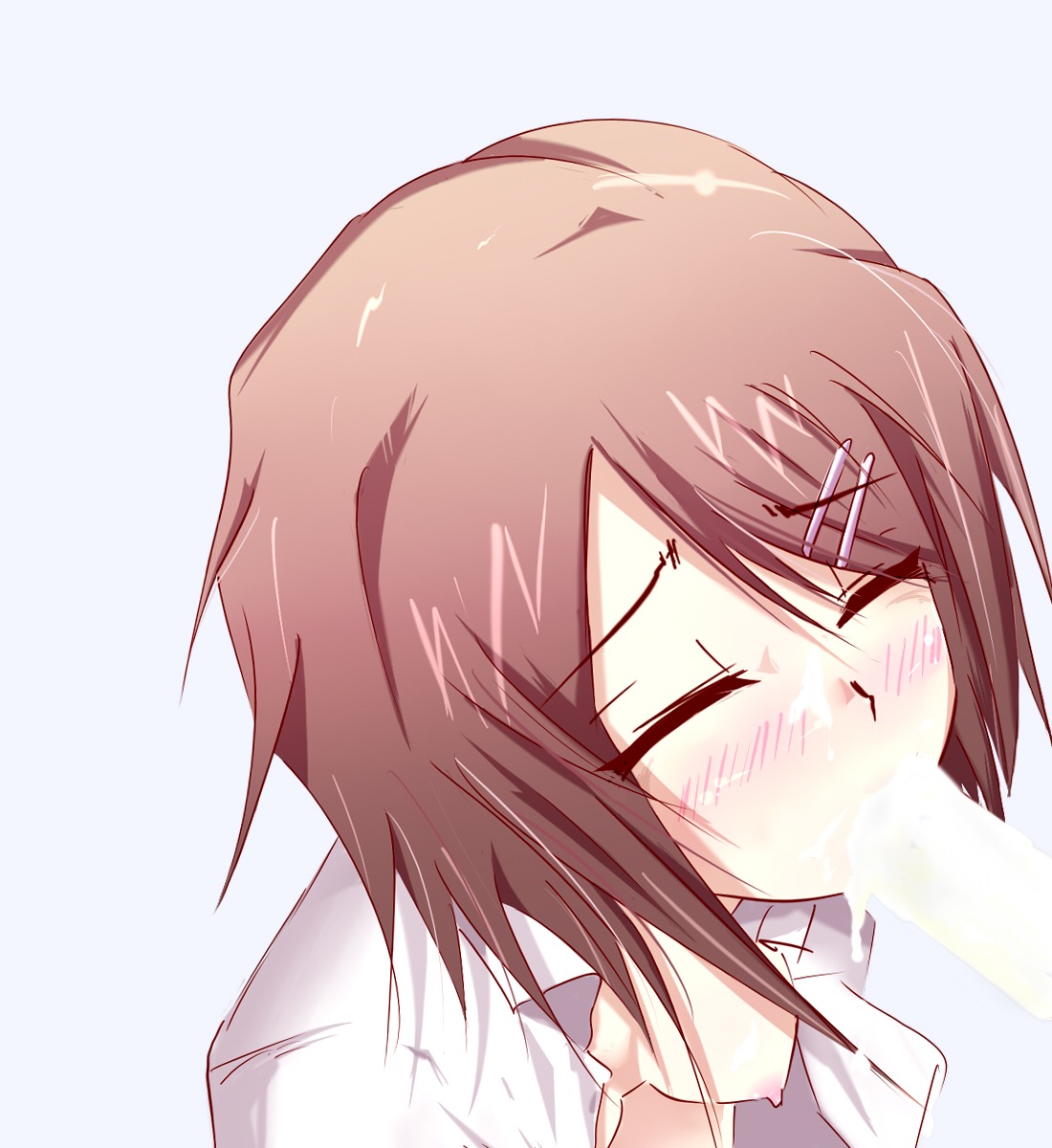 baka_to_test_to_shoukanjuu blush breasts brown_hair closed_eyes cum cum_in_face facial fellatio female hair_ornament hairpin highres kinoshita_yuuko murasaki_karasu nipples open_clothes open_shirt oral rule34 shirt