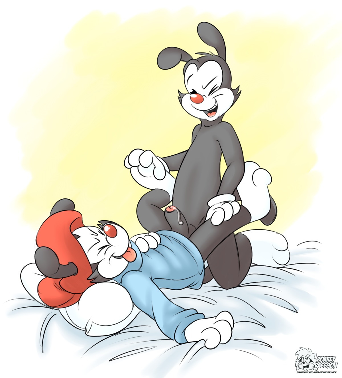 anal anal_penetration animaniacs anthro balls bed bodily_fluids bottomless brother_(lore) brother_penetrating_brother brothers_(lore) clothed clothing duo e621 erection feet foot_grab foreskin furniture genital_fluids genitals hat headgear headwear hi_res humanoid_genitalia humanoid_penis incest_(lore) inkblot male male/male male_penetrated male_penetrating male_penetrating_male mammal partially_retracted_foreskin penetration penis precum roarey_raccoon sex shirt shota sibling_(lore) topwear wakko_warner warner_brothers yakko_warner young young_anthro young_male