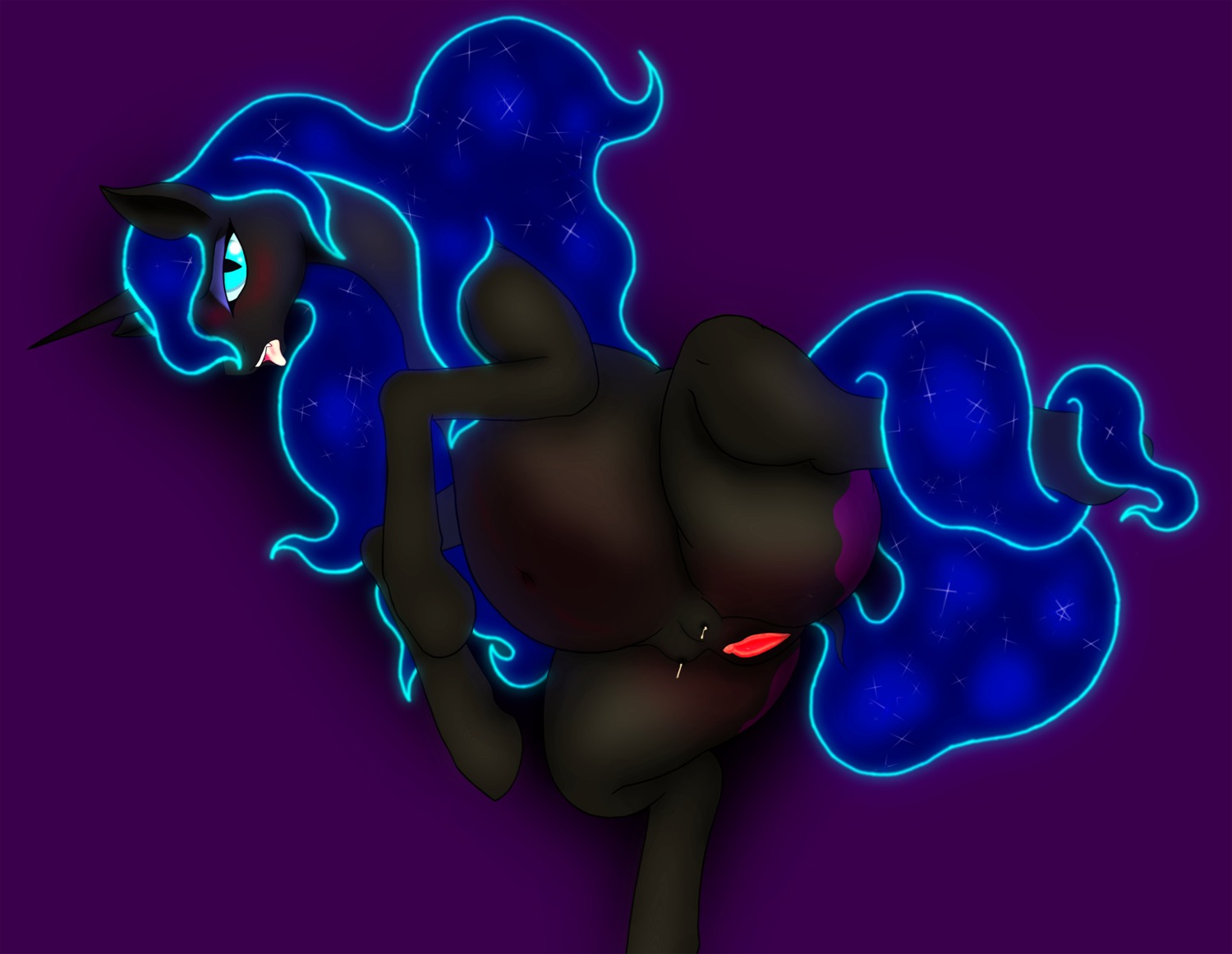 0particle 2013 belly big_belly black_body black_fur blue_eyes blue_hair blush bodily_fluids e621 equid equine female feral friendship_is_magic fur genitals glowing hair hasbro hi_res horn horse lactating long_hair looking_at_viewer lying mammal my_little_pony nightmare_moon_(mlp) on_side open_mouth pregnant purple_background simple_background solo spread_legs spreading teats tongue vulva