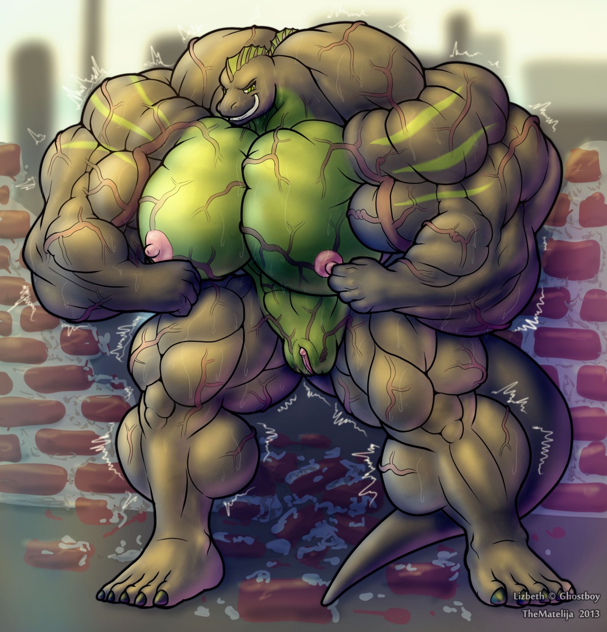 2013 abs absurd_res biceps big_breasts big_muscles breasts brick e621 female flexing genitals growth hi_res huge_breasts huge_muscles hyper hyper_muscles lizard muscle_growth muscular muscular_female nipples non-mammal_breasts non-mammal_nipples nude reptile scalie smile solo tail teeth thematelija vein veiny_breasts vulva