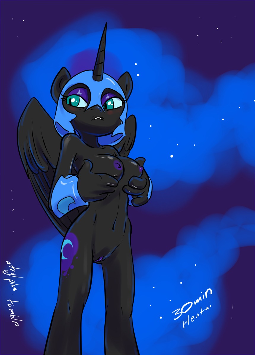 2012 anthro anthrofied armor atryl black_body black_feathers blue_eyes blush breasts clothing cutie_mark digital_media_(artwork) e621 equid equine feathered_wings feathers female friendship_is_magic gauntlets genitals gloves handwear hasbro headgear helmet hi_res horn mammal my_little_pony mythological_creature mythological_equine mythology navel nightmare_moon_(mlp) nipples solo star vulva winged_unicorn wings