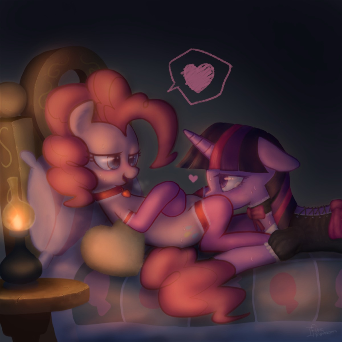 1:1 bed blush bodily_fluids choker clothing cunnilingus cutie_mark duo e621 earth_pony equid equine female female/female feral footwear friendship_is_magic fur furniture hair hasbro heart_symbol hi_res horn horse ifthemainecoon jewelry legwear mammal multicolored_hair my_little_pony mythological_creature mythological_equine mythology necklace oral pinkie_pie_(mlp) pony purple_body purple_fur purple_hair sex socks sweat tail twilight_sparkle_(mlp) two_tone_hair unicorn vaginal