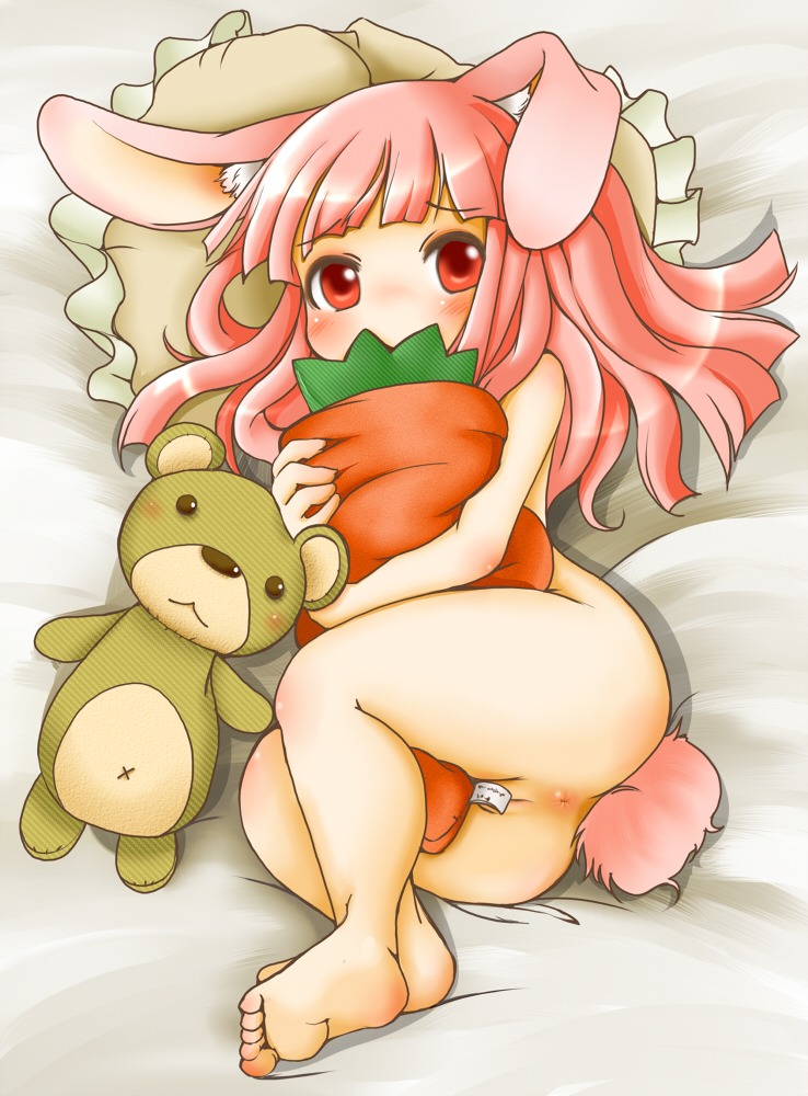 anus blush carrot covering covering_self e621 female food genitals lagomorph leporid looking_at_viewer mammal nude plant plushie rabbit red_eyes setouchi_kurage solo vegetable vulva
