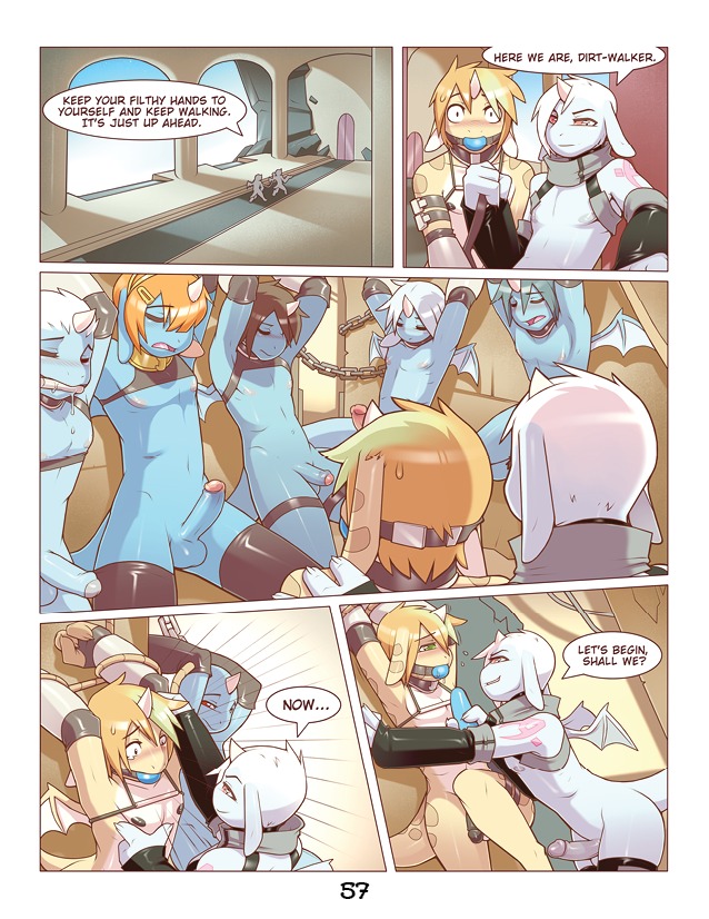 anthro ball_gag bound chain chained clothing comic devin_(onta) dialogue digital_media_(artwork) e621 english_text erection femboy foreskin gag gagged genitals group half-erect humanoid_genitalia humanoid_penis imminent_rape imminent_sex legwear male membrane_(anatomy) membranous_wings nipples penis red_eyes scalie shooting_the_messenger slyus tail text thigh_highs unigan wings