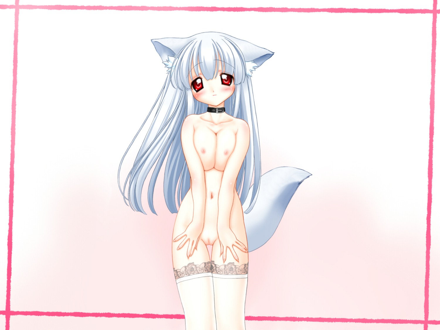 animal_ears breasts collar female fox_girl fur furry_ears furry_tail kemonomimi nipples nude photoshop pussy red_eyes rule34 tail thighhighs uncensored white_hair