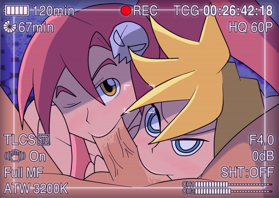 2girls collaborative_fellatio crossover fellatio female lucky23 multiple_females multiple_girls oral panty_&amp;_stocking_with_garterbelt panty_anarchy recording rule34 tengen_toppa_gurren_lagann yoko_littner