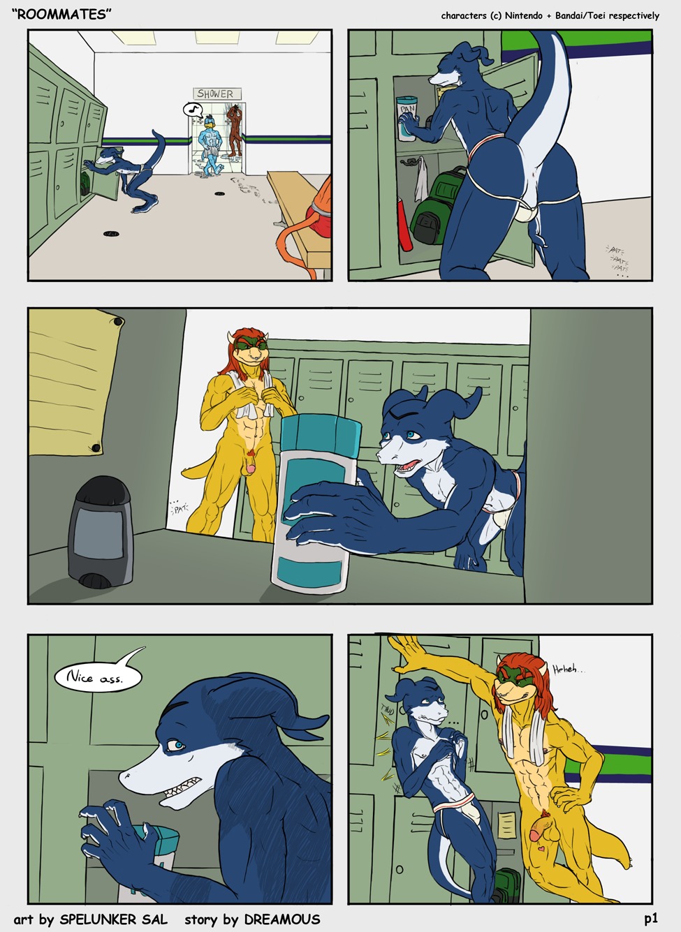 anthro anus balls bent_over bowser_koopa_junior_(roommates) comic digimon dreamous flamedramon furry gay giancarlo_rosato heart jockstrap koopa locker_room male male_only mario_(series) nude penis piercing ripped roommates rule34 scalie spelunker_sal
