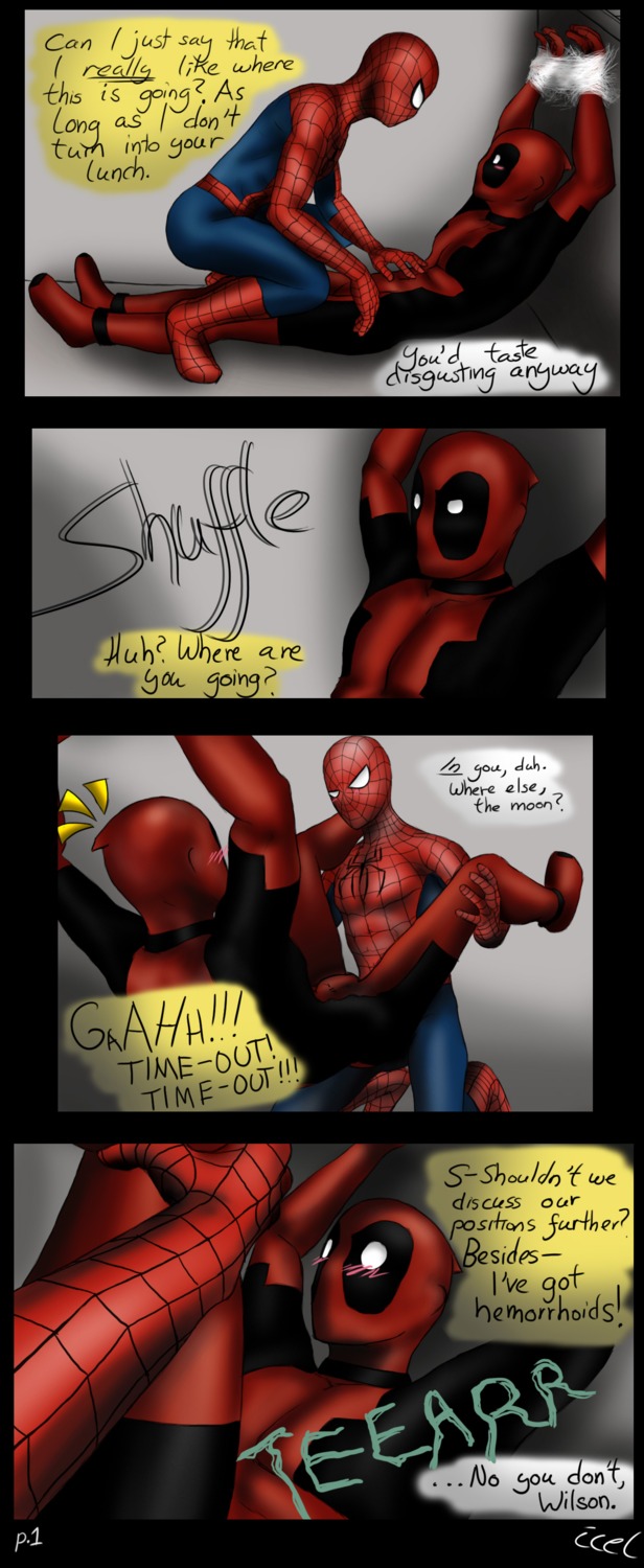 2boys arms_above_head artist_request bound bound_wrists bulge ccel clothed_erection clothed_sex comic deadpool dialogue dubious_consent english_text erection_under_clothes gay imminent_anal imminent_penetration imminent_sex legs_held_open legs_up lifting_person male male_only marvel marvel_comics peter_parker rule34 smooth_skin spandex spider-man spider-man_(series) superhero superhero_costume tagme tearing_clothes text wade_wilson yaoi
