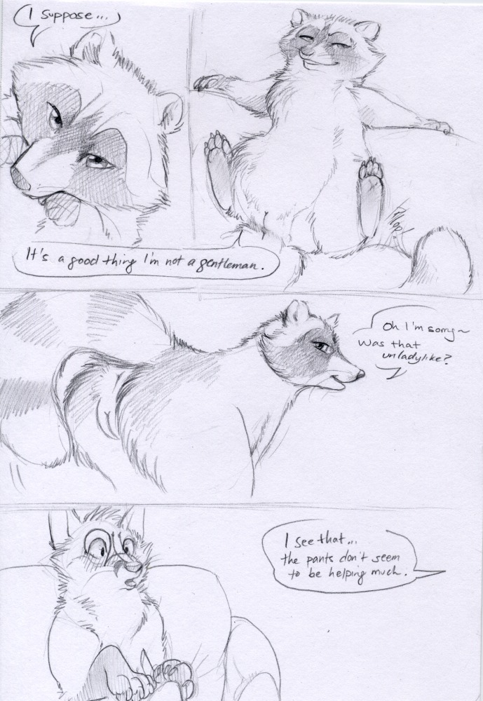 2014 anus canid canine clothed clothing comic dialogue duo e621 english_text erection erection_under_clothing female feral fox genitals looking_back male mammal monochrome paper-wings penis presenting procyonid raccoon raised_tail sketch spread_legs spreading surprised sylvian tail teasing tenting text vulva