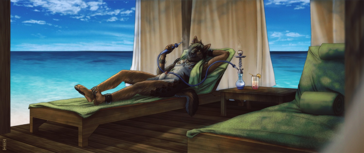 2013 absurd_res afevis_(character) animal_genitalia animal_penis anthro balls beach bed beverage biped blue_sky brown_body brown_fur canid canine canine_genitalia canine_penis canis casual_nudity claws cloud collar cross cuff_(restraint) detailed detailed_background domestic_dog e621 ear_piercing feet food footprint fruit fur furniture genital_piercing genitals german_shepherd hair herding_dog heterochromia hi_res hindpaw hookah iron_cross jewelry kannos lemon lipstick long_hair looking_at_viewer lying makeup male mammal markings necklace nipples nude on_back outside pastoral_dog pawpads pawprint pawprint_(marking) paws penis penis_piercing penis_tip piercing plant prince_albert_piercing restraints sand sea seaside shackles sheath sky smile smoke smoking solo tattoo toes water wood