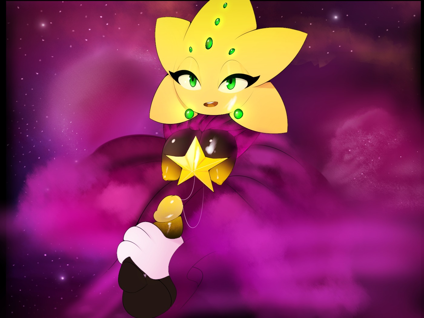 2014 4:3 bodily_fluids breasts cum cum_on_breasts digital_media_(artwork) duo e621 erection female genital_fluids genitals green_eyes humanoid humanoid_genitalia humanoid_penis male nipples not_furry oruto penis plantpenetrator ristar ristar_(game) sega simple_background solo_focus yellow_nipples