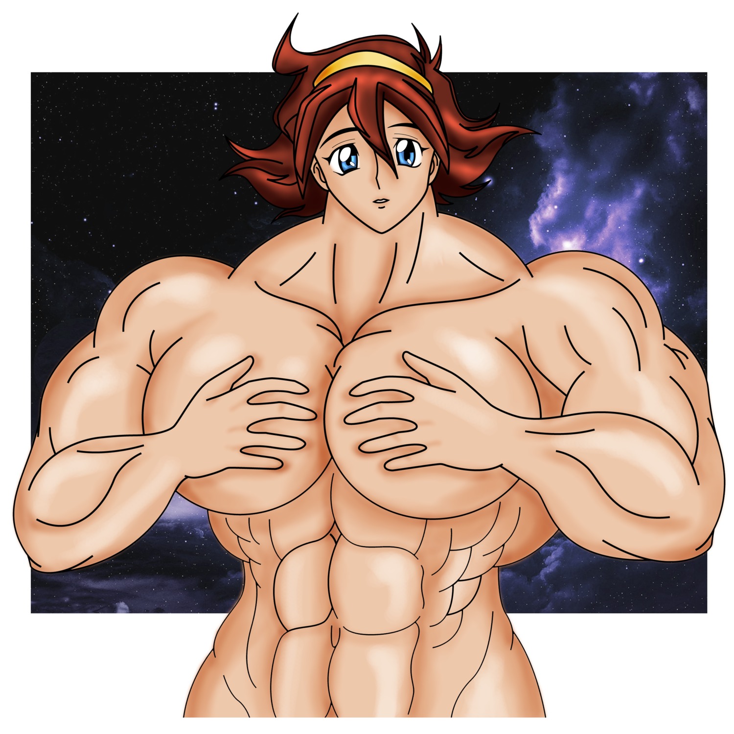 1girls abs blue_eyes breasts brown_hair extreme_muscles female g_gundam gundam hairband hand_on_breast hands_on_chest looking_at_viewer mariangts muscles muscular muscular_female no_bra nude oblivionpar open_mouth rain_mikamura rule34 short_hair solo