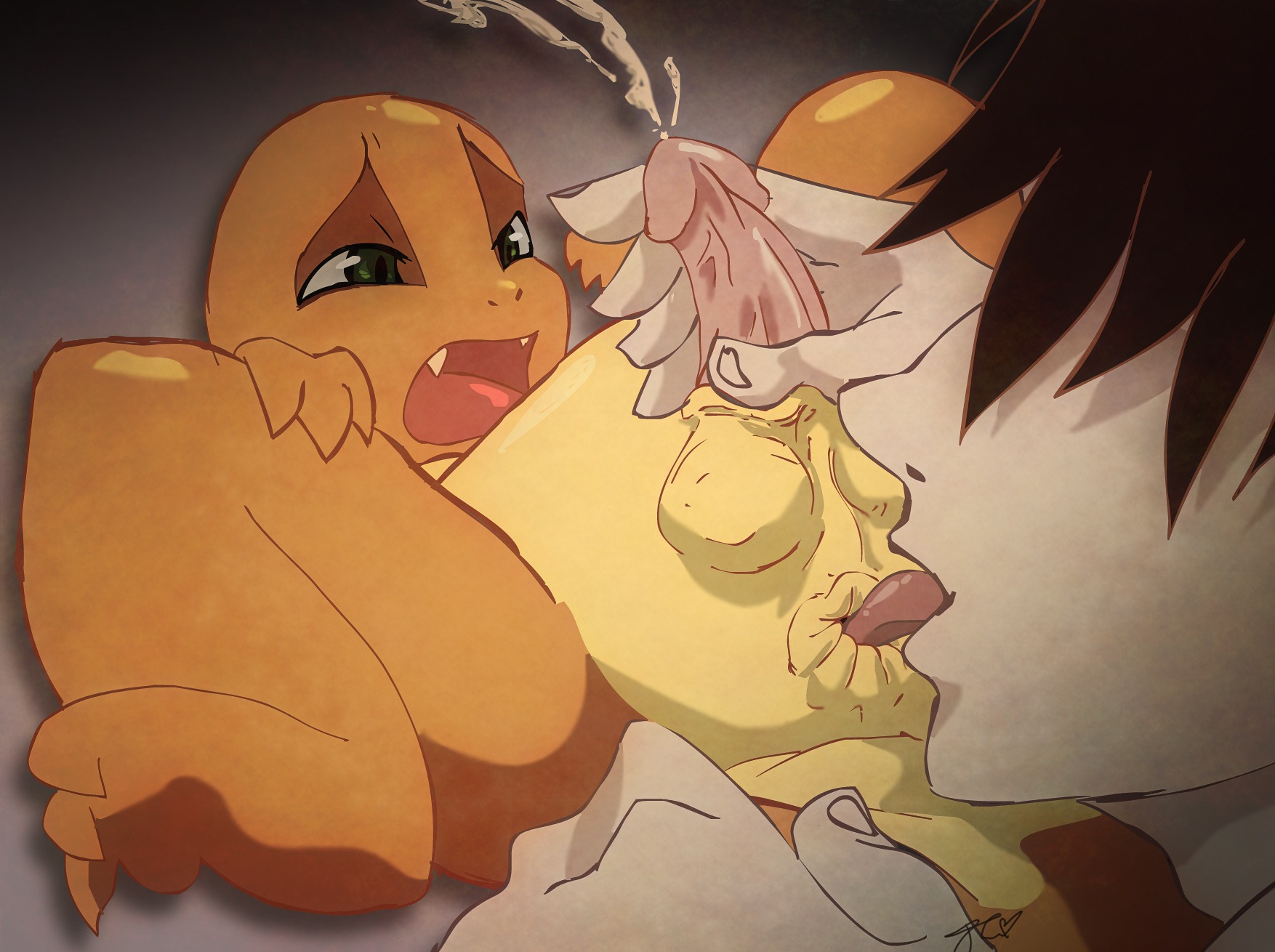 age_difference anal anus balls big_eyes bodily_fluids charmander cum cum_while_rimmed cumshot dominant duo e621 ejaculation erection feral generation_1_pokemon genital_fluids genitals green_eyes handjob handjob_while_rimming hi_res human human_rimming_feral humanoid_genitalia humanoid_genitalia_on_feral humanoid_penis humanoid_penis_on_feral interspecies jaunty7 larger_dom licking looking_pleasured low-angle_view lying male male/male male_penetrated male_penetrating male_penetrating_male mammal narrowed_eyes nintendo on_back open_mouth oral orange_body orange_skin orgasm penetration penile penis pokemon pokemon_(species) pokephilia reach_around rear-quarter_view rear_view rimming sex size_difference smaller_penetrated spread_legs spreading tail tail_grab three-quarter_view tongue tongue_out tongue_showing young young_feral young_male younger_penetrated