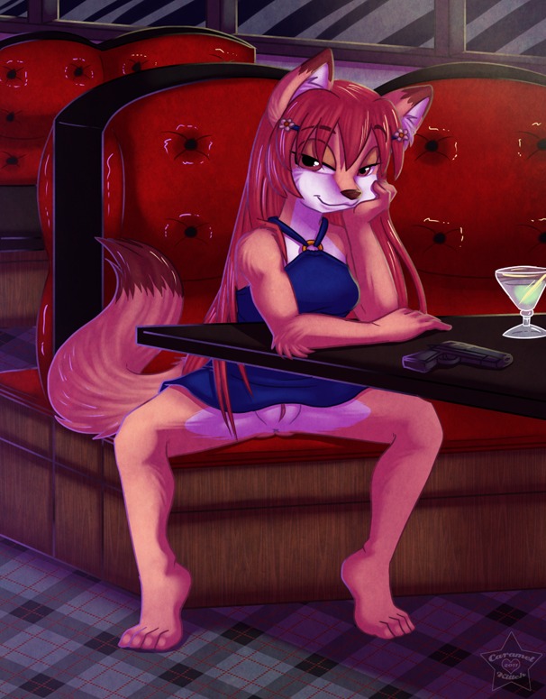 anthro anus assassin biped booth_seating bottomless canid canine caramel-kitteh clothed clothing dipstick_tail dress e621 female flashing fox furniture genitals gun hair kris_maltoa long_hair looking_at_viewer mammal markings no_underwear ranged_weapon seductive sitting solo spread_legs spreading table tail tail_markings upskirt vulva weapon